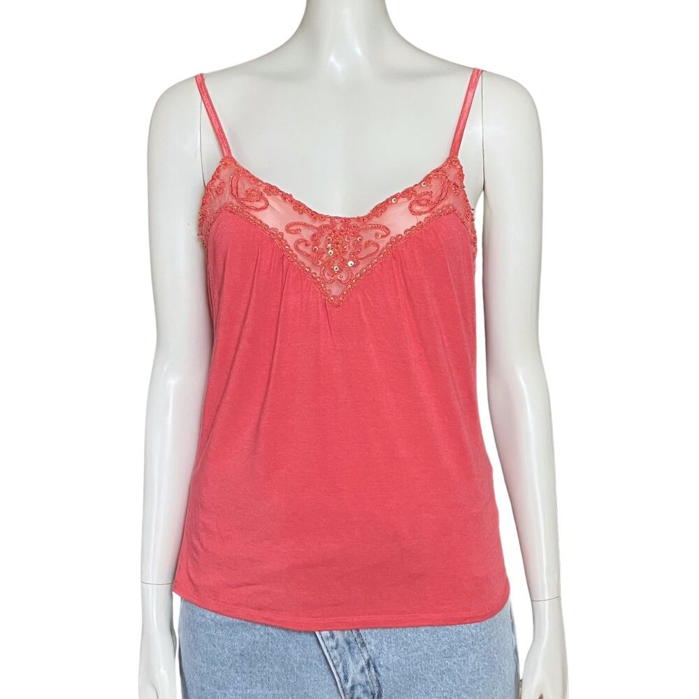 Vintage Y2K Coral Sequin Beaded Cami Going Out Top Fairycore. Medium/Large. Tank